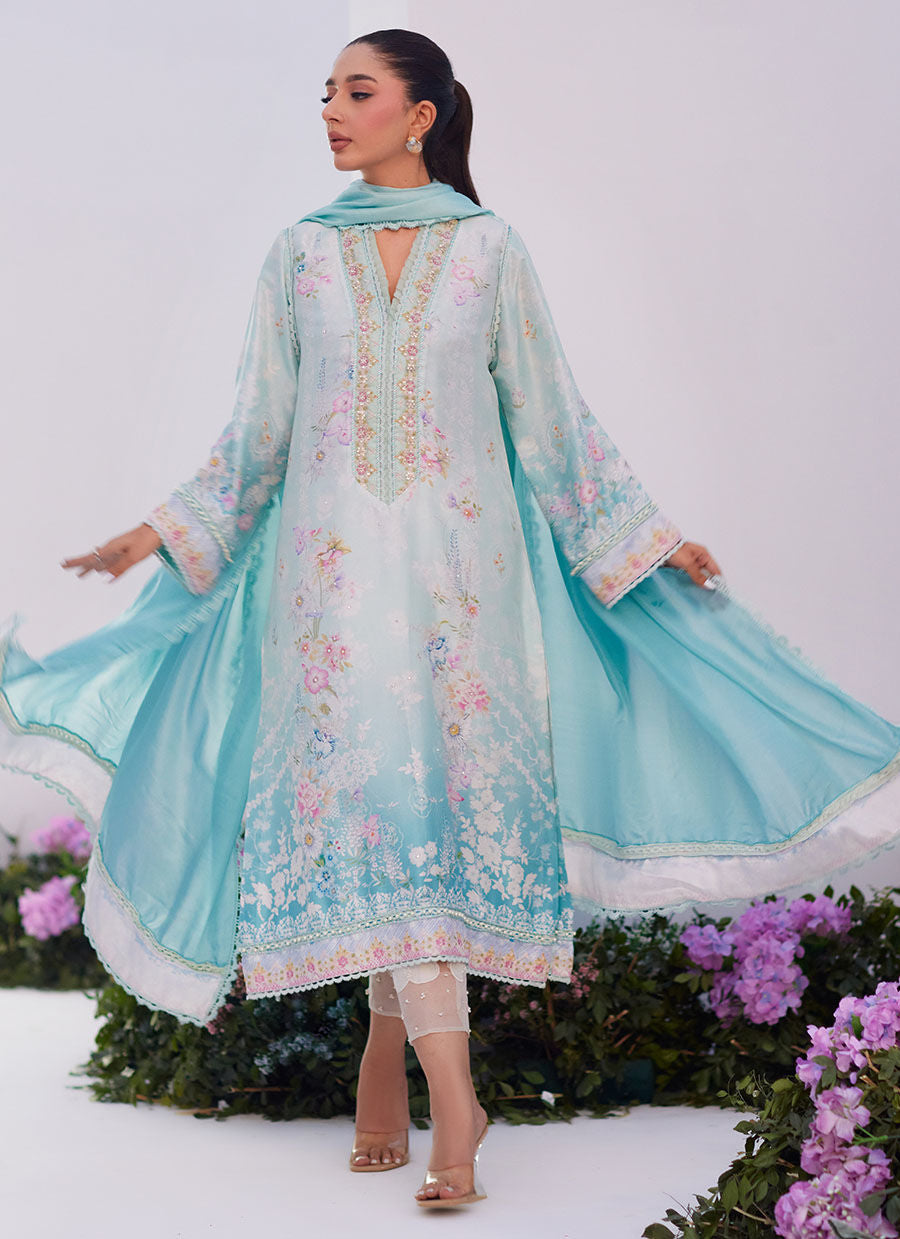 Farah Talib Aziz | Zaza Prints 24 | CYAN OMBRE SHIRT AND DUPATTA - Libasekhas