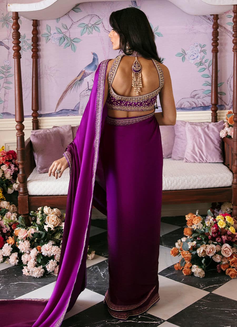 Farah Talib Aziz | Mayna Festive Luxe | AIGUL AUBERGINE SAREE - by - Libasekhas UK - Registered Vendor of : Farah Talib Aziz - 100% Original Designer Dresss