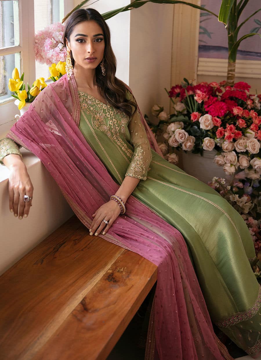 Farah Talib Aziz | Mayna Festive Luxe | ANISA APPLE GREEN - by - Libasekhas UK - Registered Vendor of : Farah Talib Aziz - 100% Original Designer Dresss
