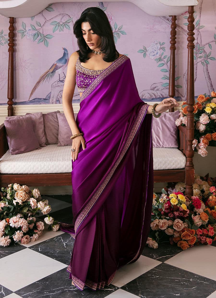Farah Talib Aziz | Mayna Festive Luxe | AIGUL AUBERGINE SAREE - by - Libasekhas UK - Registered Vendor of : Farah Talib Aziz - 100% Original Designer Dresss