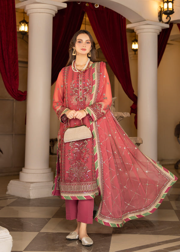 Strawberry | Rimjhim Chiffon Collection | FLS-RJ-003 - by - Libasekhas UK - Registered Vendor of : Strawberry - 100% Original Designer Dresss