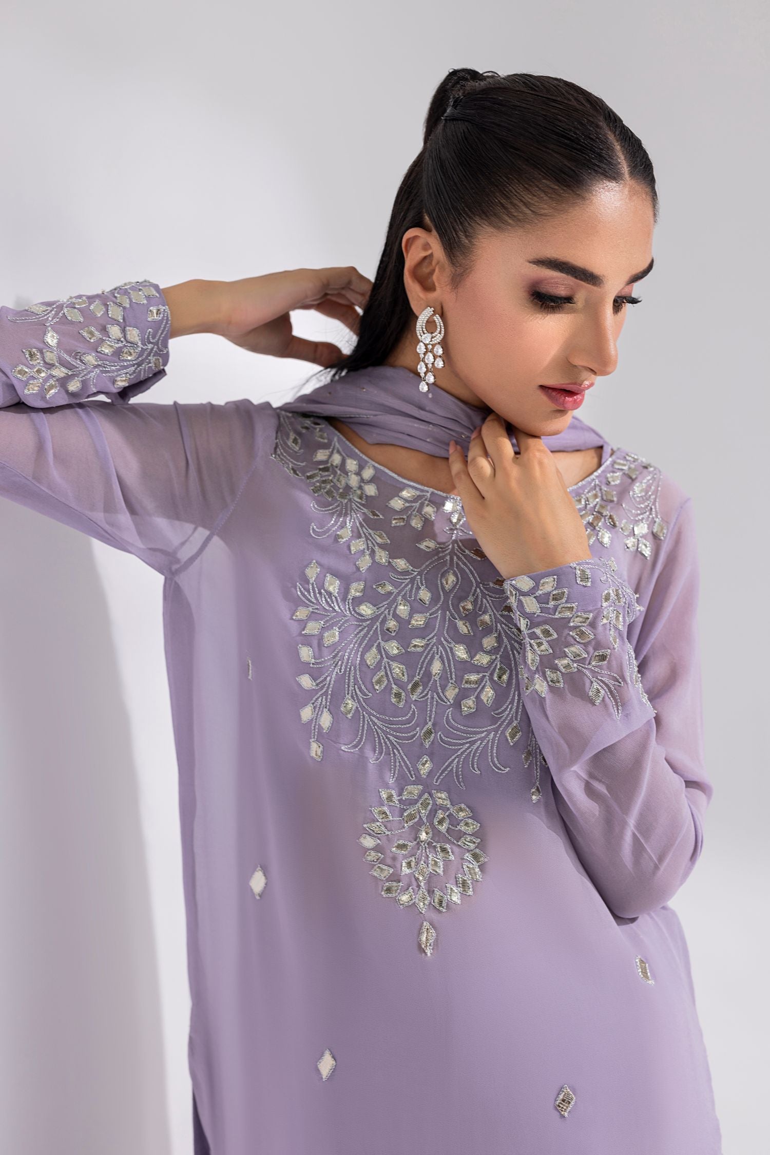 Amani | Aira Festive Wear | ZARIN Gota Embellished Georgette Shirt with Wide-Leg Pants & Mukesh Dupatta - by Libasekhas UK - Registered Vendor of : Amani - 100% Original Designer Dress