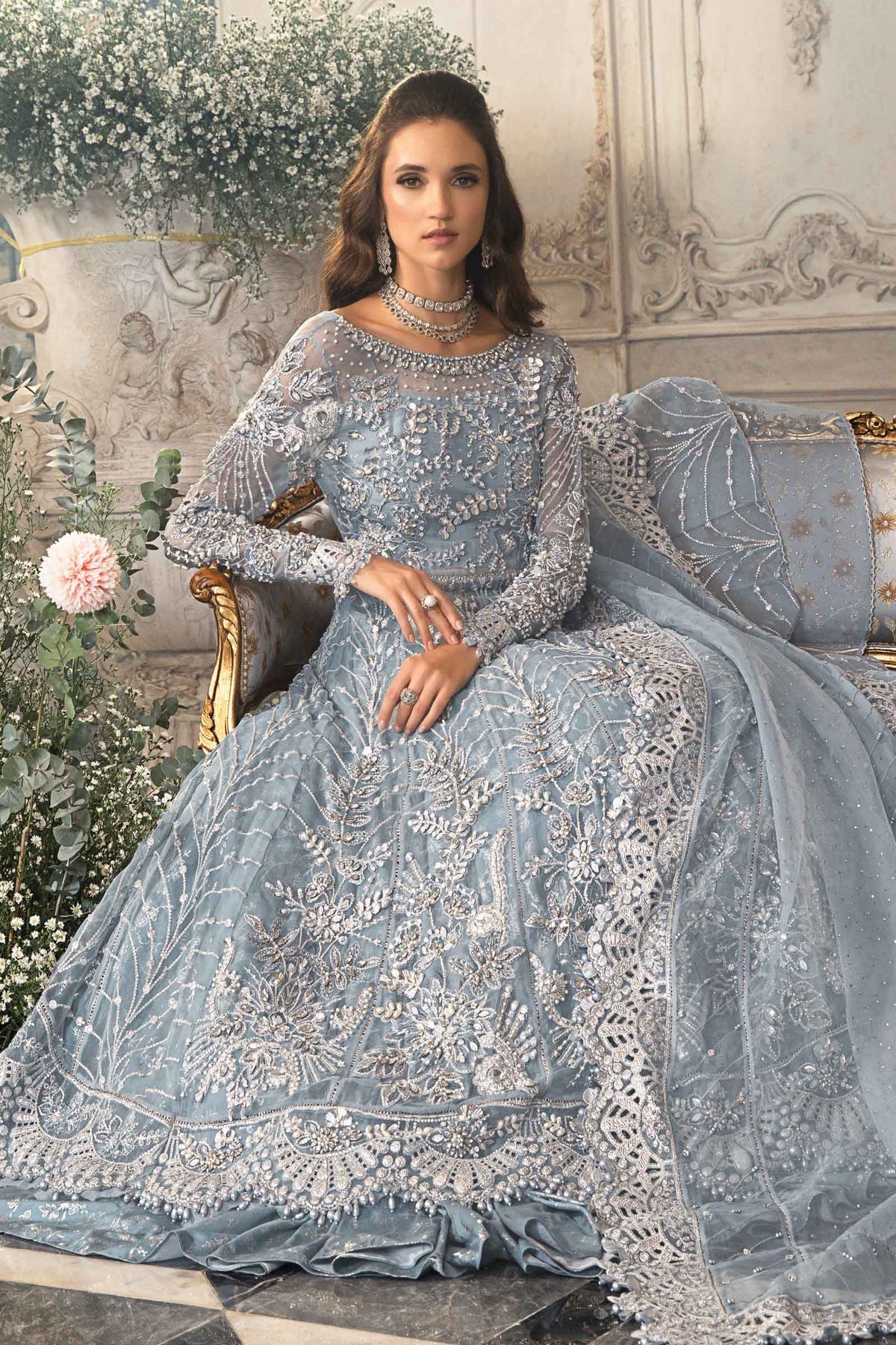 Maria B | Mbroidered Wedding Edition 23 | Ice Blue BD-2702 - by - Libasekhas UK - Registered Vendor of : Maria B - 100% Original Designer Dresss