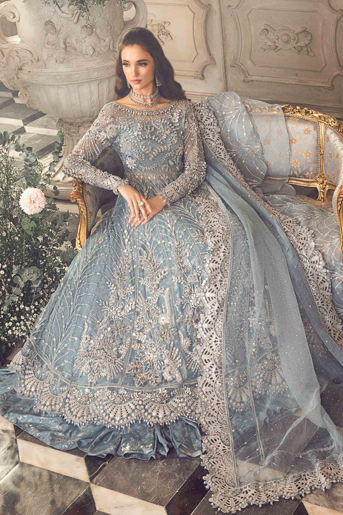 Maria B | Mbroidered Wedding Edition 23 | Ice Blue BD-2702 - by - Libasekhas UK - Registered Vendor of : Maria B - 100% Original Designer Dresss