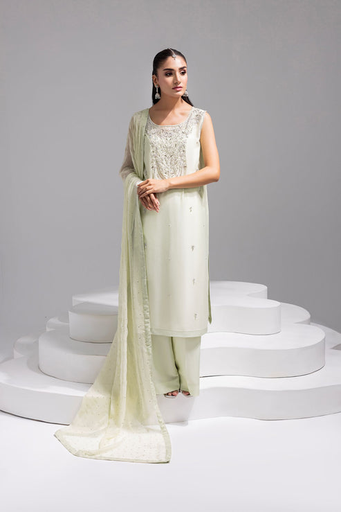 Amani | Aira Festive Wear | SOLEA Hand Embroidered Mint Butter Silk Shirt with Viscose Pants & Mukesh Dupatta - by Libasekhas UK - Registered Vendor of : Amani - 100% Original Designer Dress
