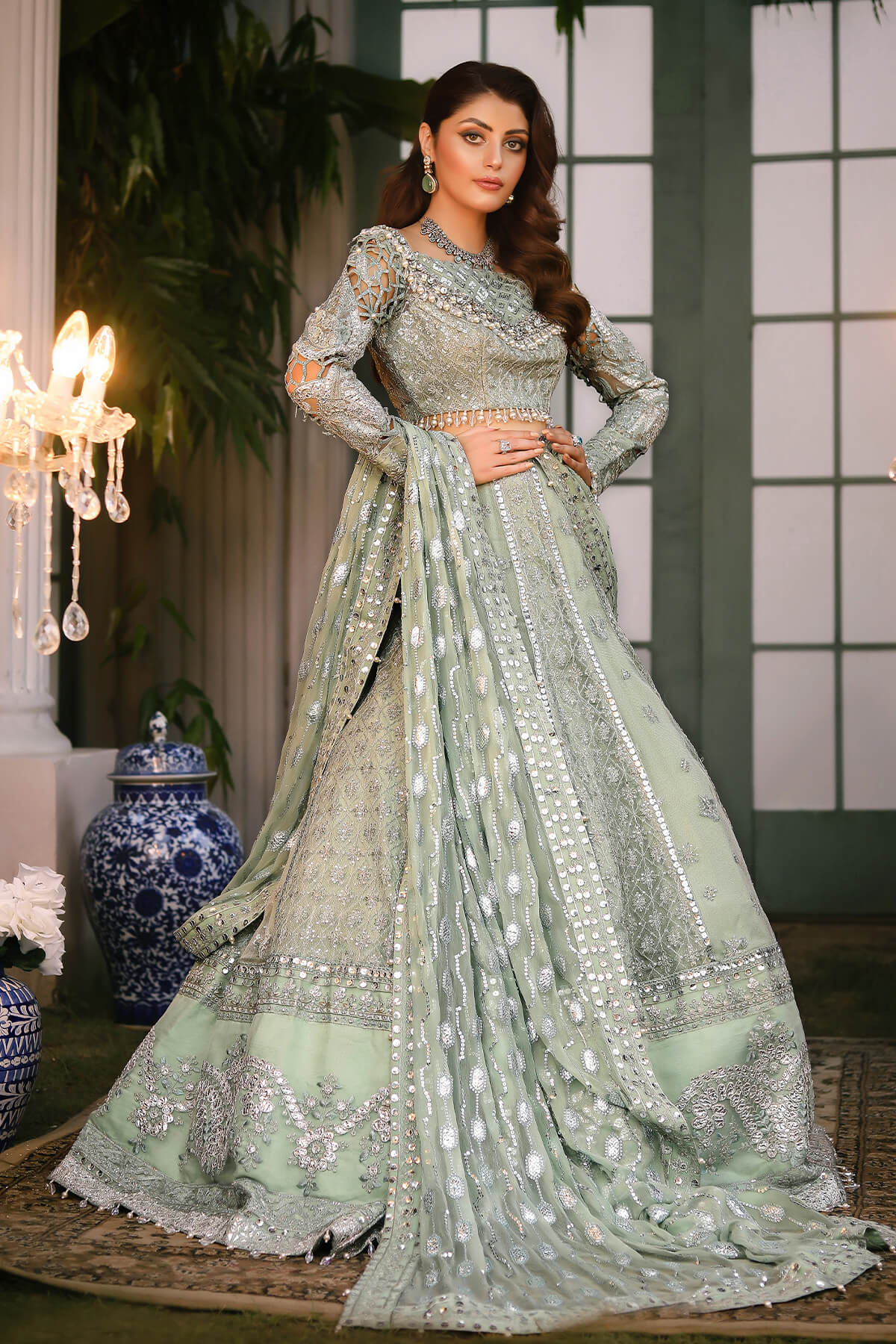 Raeesa Premium | Wajadan Wedding Formals | WD-2 Pea Green - by - Libasekhas UK - Registered Vendor of : Raeesa Premium - 100% Original Designer Dresss