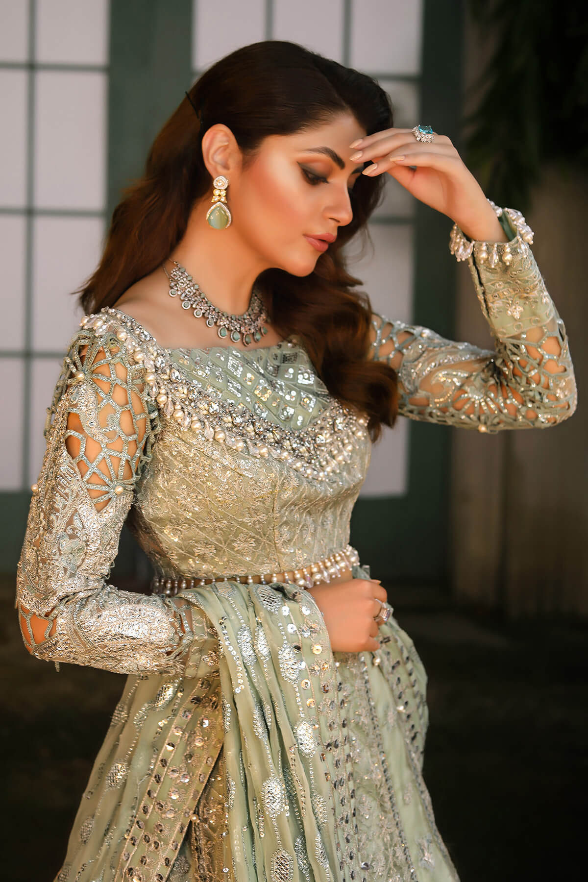 Raeesa Premium | Wajadan Wedding Formals | WD-2 Pea Green - by - Libasekhas UK - Registered Vendor of : Raeesa Premium - 100% Original Designer Dresss
