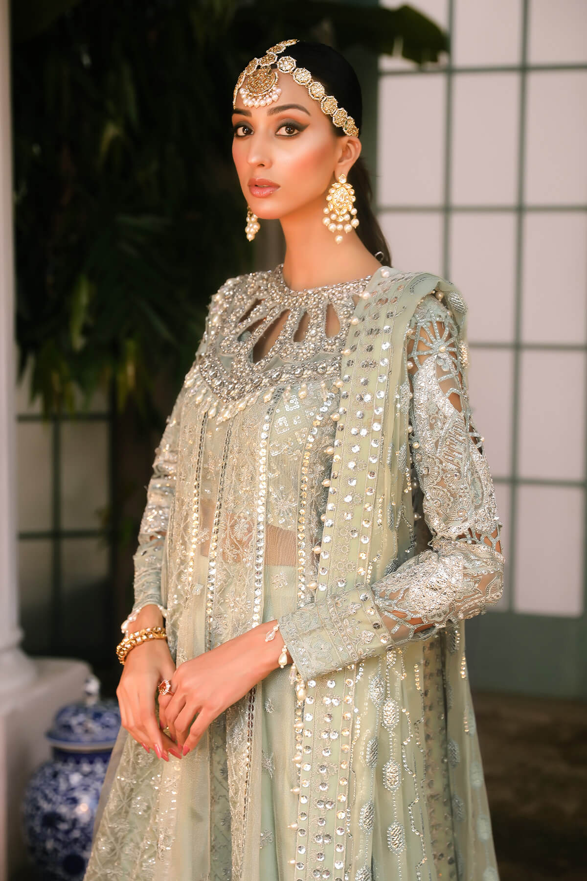 Raeesa Premium | Wajadan Wedding Formals | WD-2 Pea Green - by - Libasekhas UK - Registered Vendor of : Raeesa Premium - 100% Original Designer Dresss