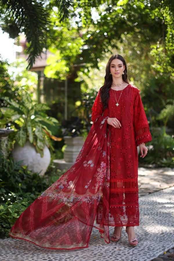 Noor by Saadia Asad | Luxury Chikankari Lawn24 | D2-B Red - by - Libasekhas UK - Registered Vendor of : Noor by Saadia Asad - 100% Original Designer Dresss