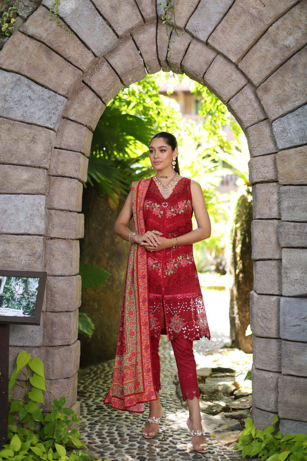 Noor by Saadia Asad | Luxury Chikankari Lawn24 | D12-A Red Chevron - by - Libasekhas UK - Registered Vendor of : Noor by Saadia Asad - 100% Original Designer Dresss