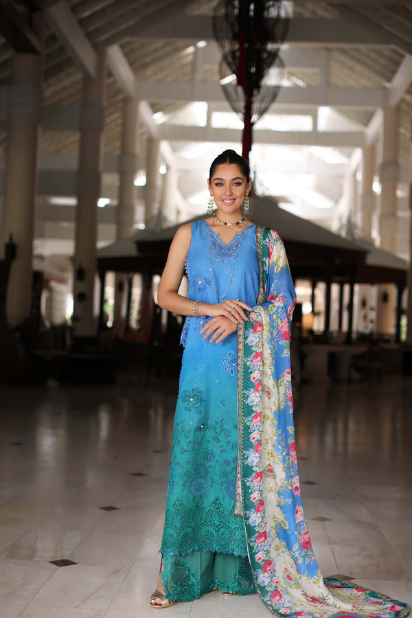 Noor by Saadia Asad | Luxury Chikankari Lawn24 | D5-B Blue Ombre - by - Libasekhas UK - Registered Vendor of : Noor by Saadia Asad - 100% Original Designer Dresss