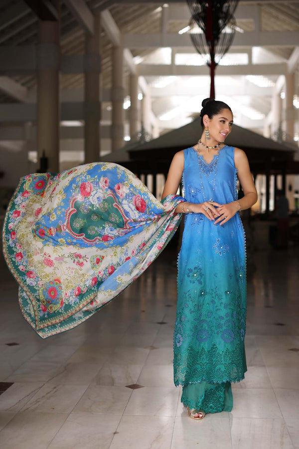 Noor by Saadia Asad | Luxury Chikankari Lawn24 | D5-B Blue Ombre - by - Libasekhas UK - Registered Vendor of : Noor by Saadia Asad - 100% Original Designer Dresss
